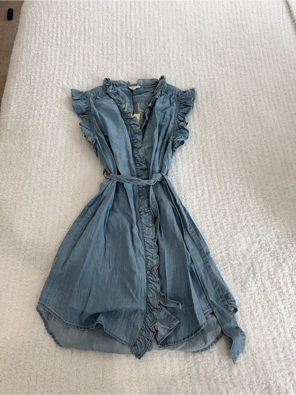 Elan Light Blue Ruffle-Trim Chambray Wrap Dress